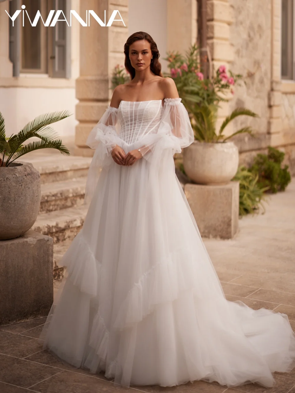 

Detachable Sleeve A-line Tulle Wedding Dress Elegant Strapless Lace Bridal Gown New Customized Floor-length Dresses For Bride
