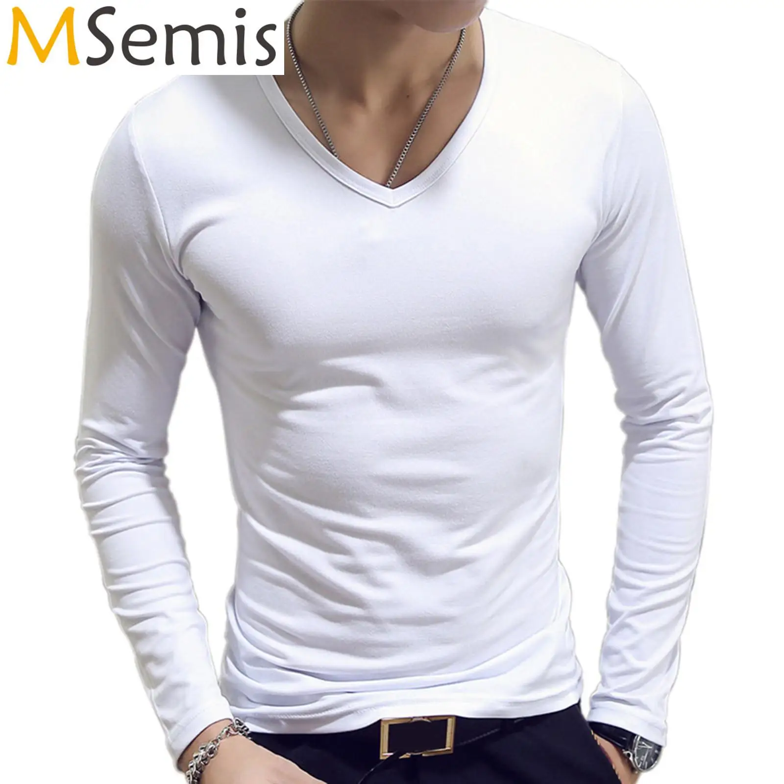 Mens Clothing Fashion V Neck Slim Fit T-shirt Long Sleeve Simple Classic Style Undershirt Casual Solid Color Tees Tops