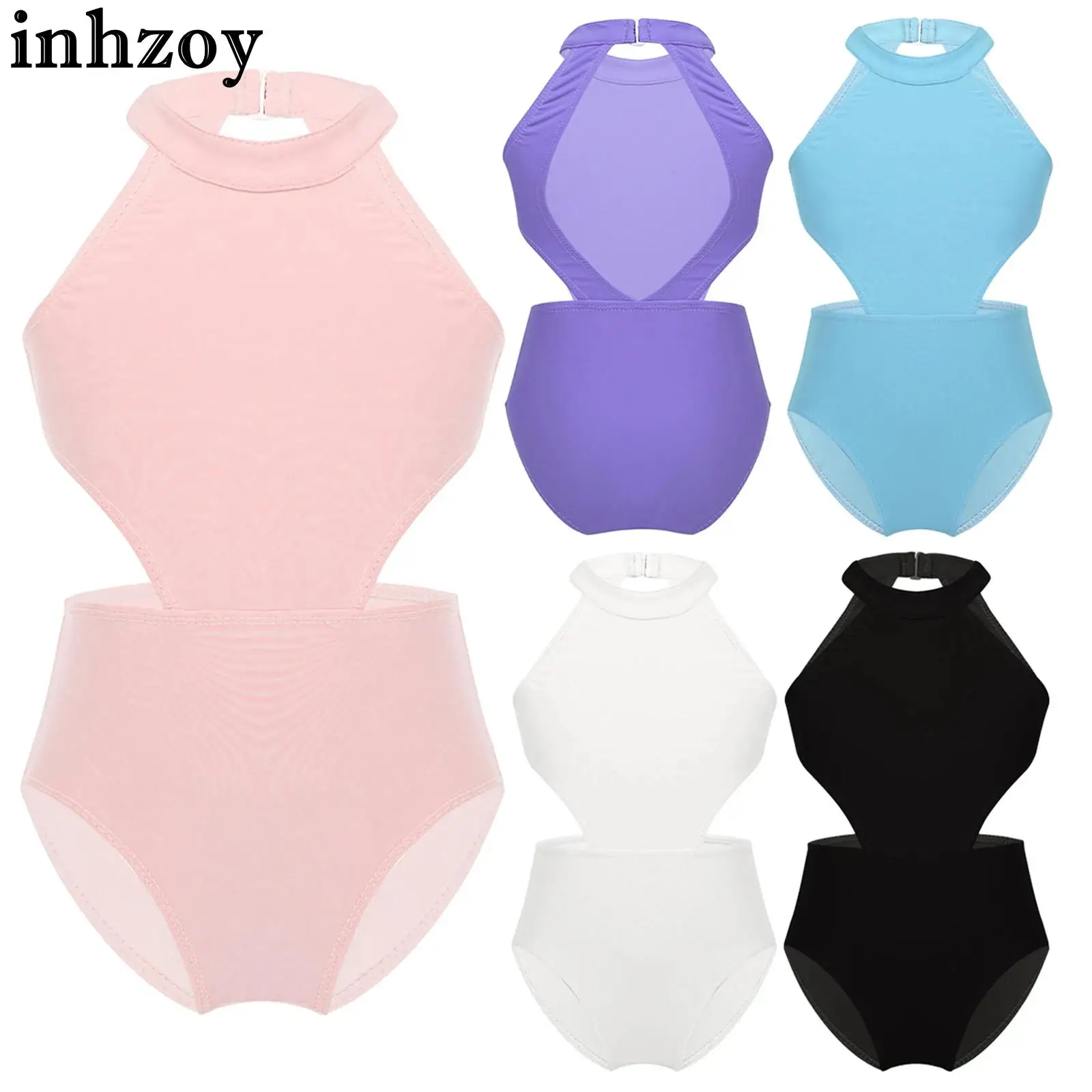 Kids Girls Ballet Leotard Sleeveless Halter Hollow Waist Jumpsuit Ballerina Gymnastics Dance Workout Yoga Performance Dancewear