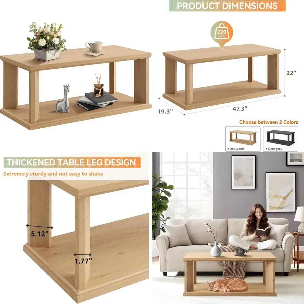 

Прямоугольный деревянный журнальный столик в современном фермерском доме с двухъярусными полками для хранения и толстыми ножками для гостиной