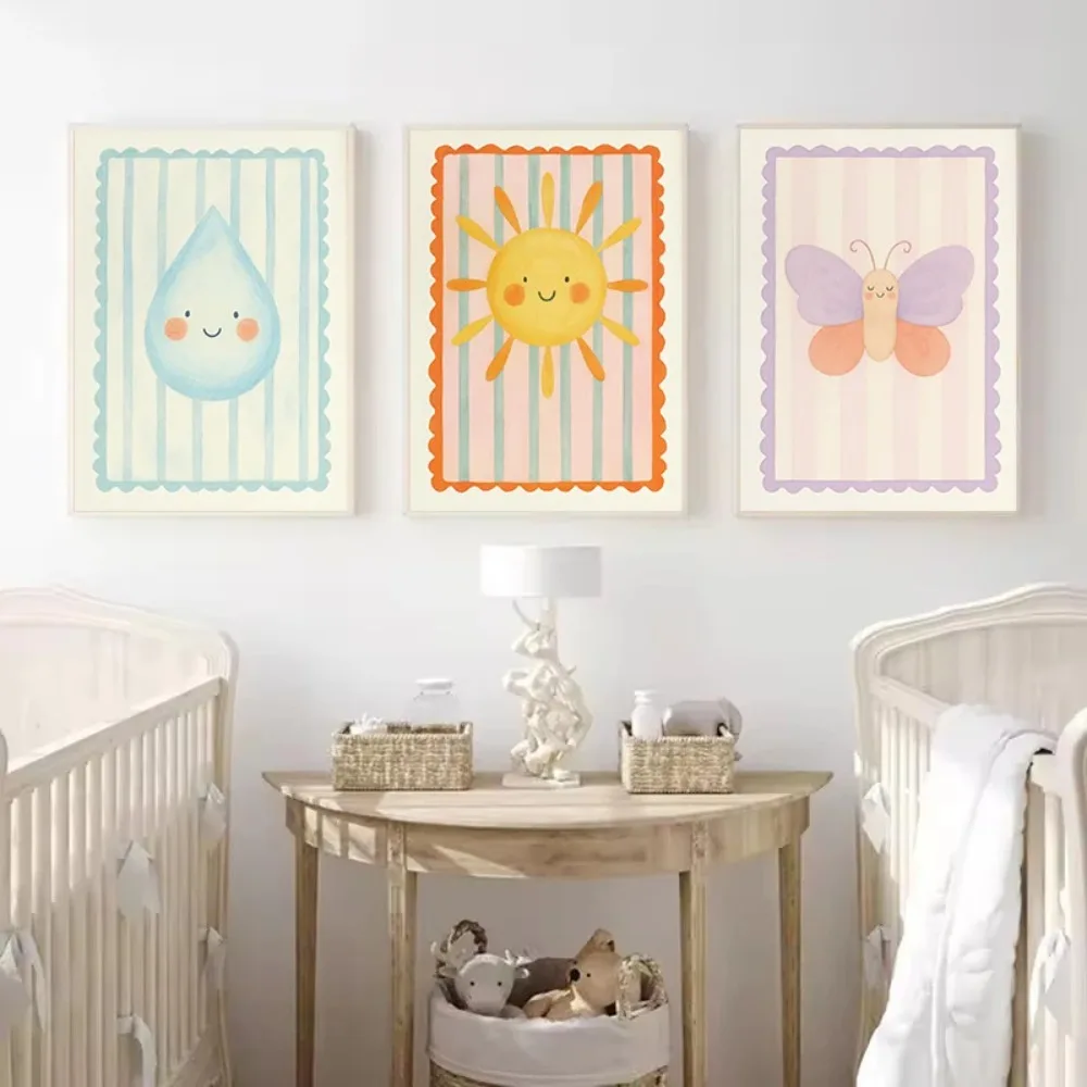 Frameless Retro Cartoon Nursery Smiling Sun Cute Raindrops Flower Motivational Quote Poster Canvas Painting Picture Home Decor