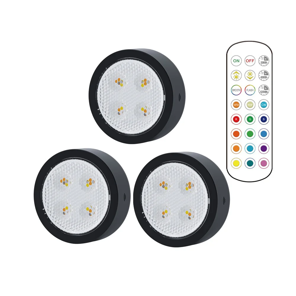 

LED Puck Light with Remote Battery, Powered Timer Dimmer, Cabinet Lamp, Bedroom,Party,Stairs, RGB Color, 86mm