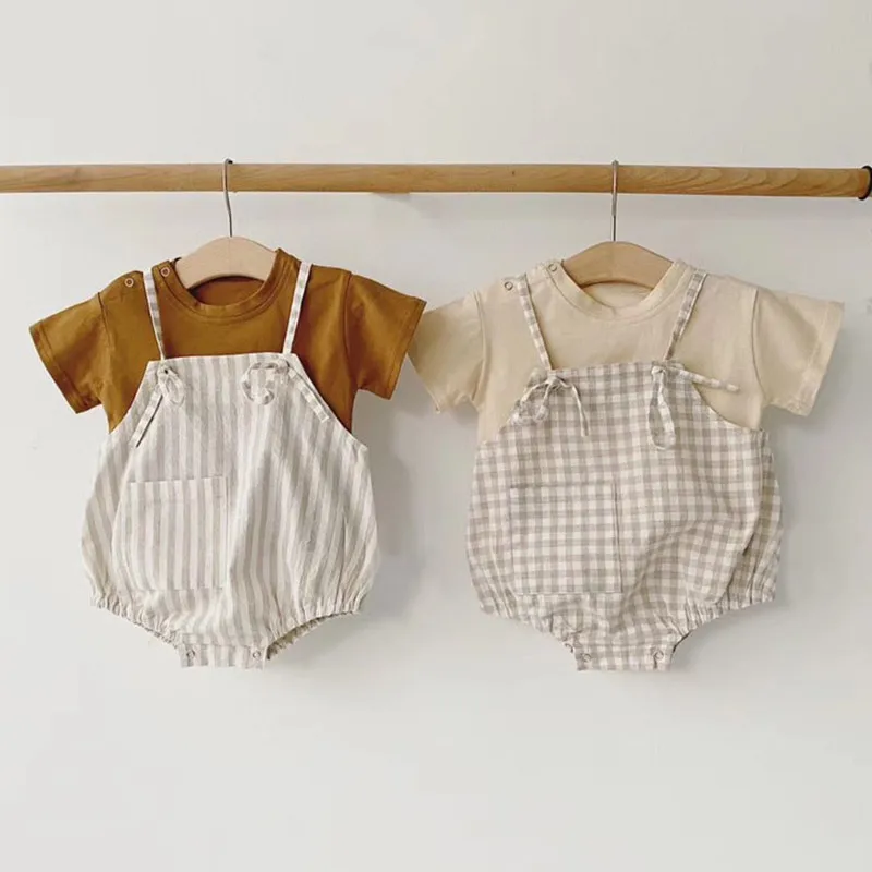 

Unisex Baby Boys Girl Clothes Sets Spring Plaid Strap + T Shirt Casual Tops Toddler Newborn Outfit Set Summer Clothing For Baby