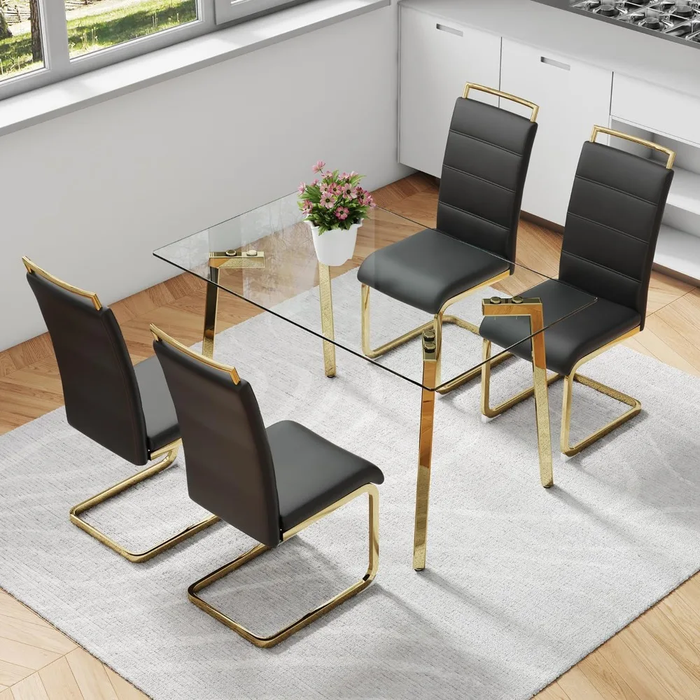 

Glass Dining Table Set for 4,Rectangle Clear Glass Table Top ,51inch Kitchen Table Chairs Set of 4 for Kitchen Dining Room