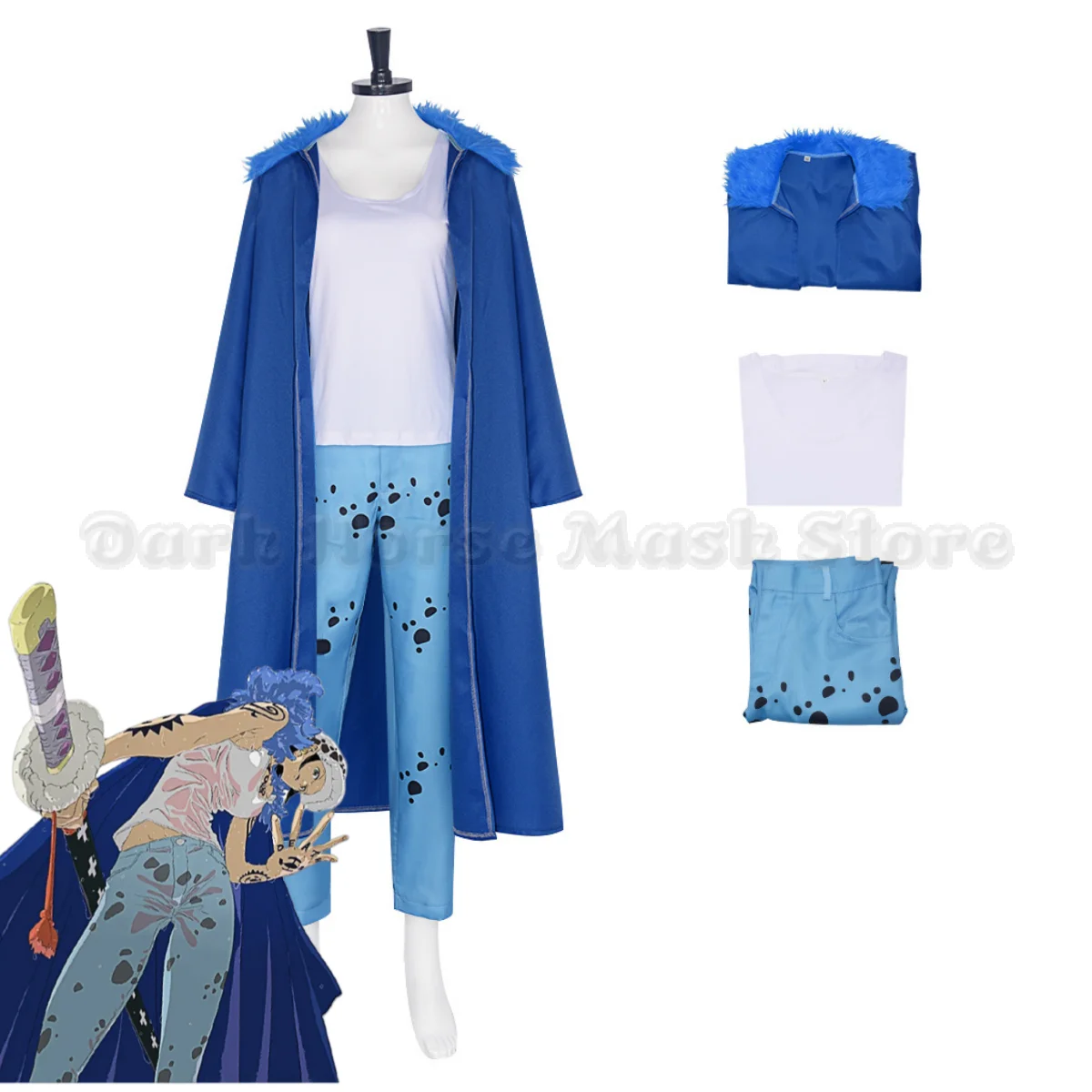Game Trafalgar D. Water Law Cosplay-Kostüm, blauer Mantel mit Plüschkragen, Umhang, blaue Hose, Uniform, für Erwachsene, Mann, Frau, Halloween-Party-Anzug