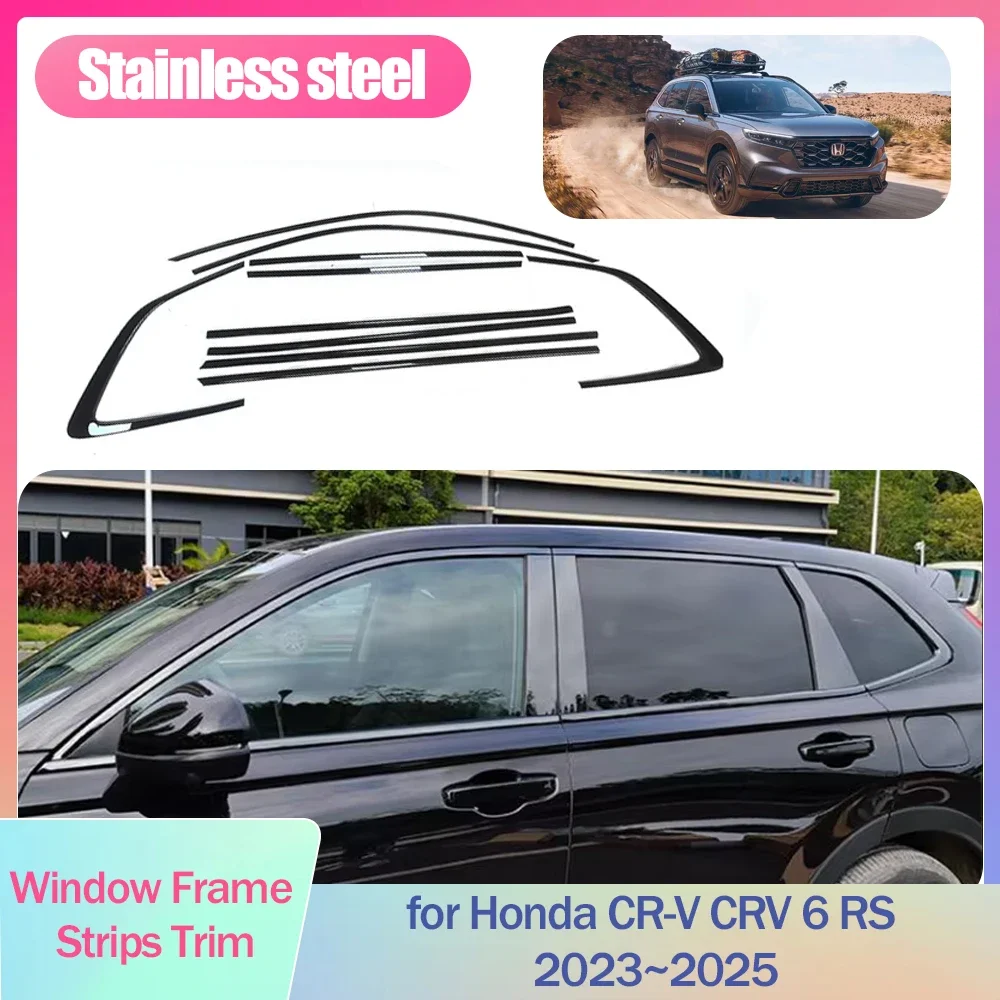 Full Window Frame Strips Trim for Honda CR-V CRV 6 RS 2023~2025 2024 Cover Black Stainless Steel Car Styling Sticke Accessories