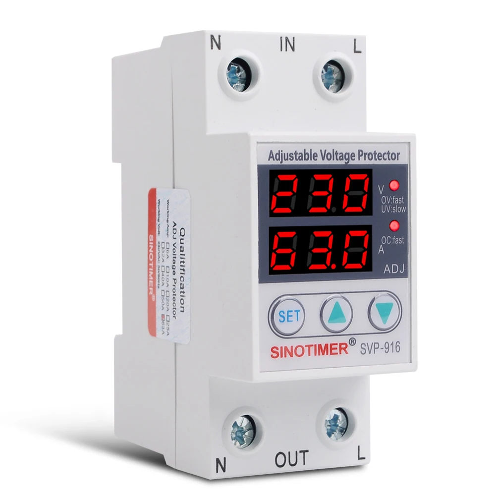 Dual Display Adjust Over Under Voltage Relay Protector 220V 40A 63A Overvoltage and Over Current Protection Devices Din Rail