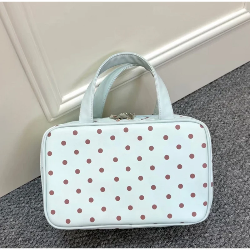 

Portable Polka Dot Travel Toiletry Bag Large Capacity Cosmetic Organizer Multi Compartment Handle Makeup Pouch Storage Case