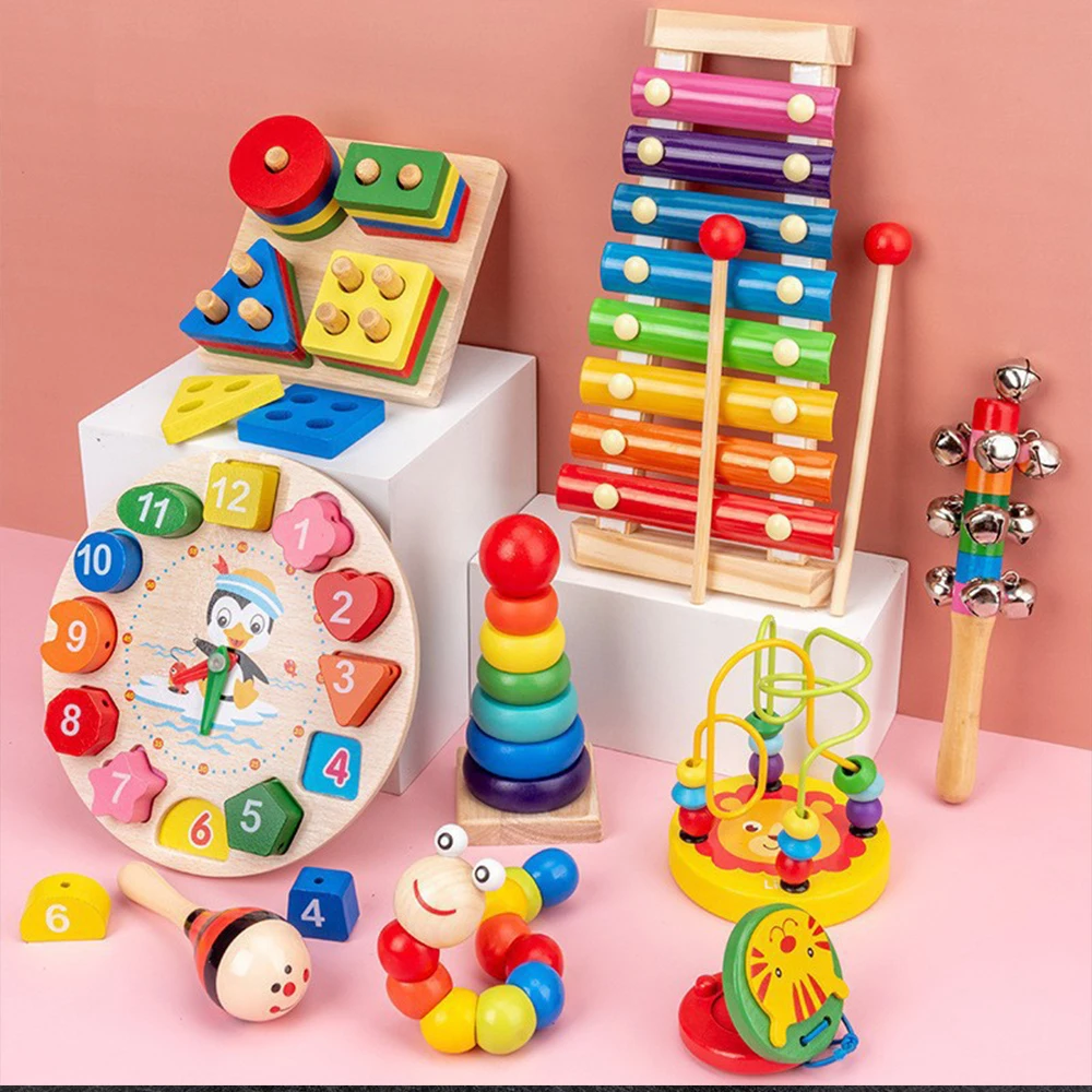 

Montessori Baby Toys 9 in 1 Wooden Musical Set: Xylophone Rattle Drum Bell 3D Puzzles Sensory Learning Gifts for 0-12 Months 1-3