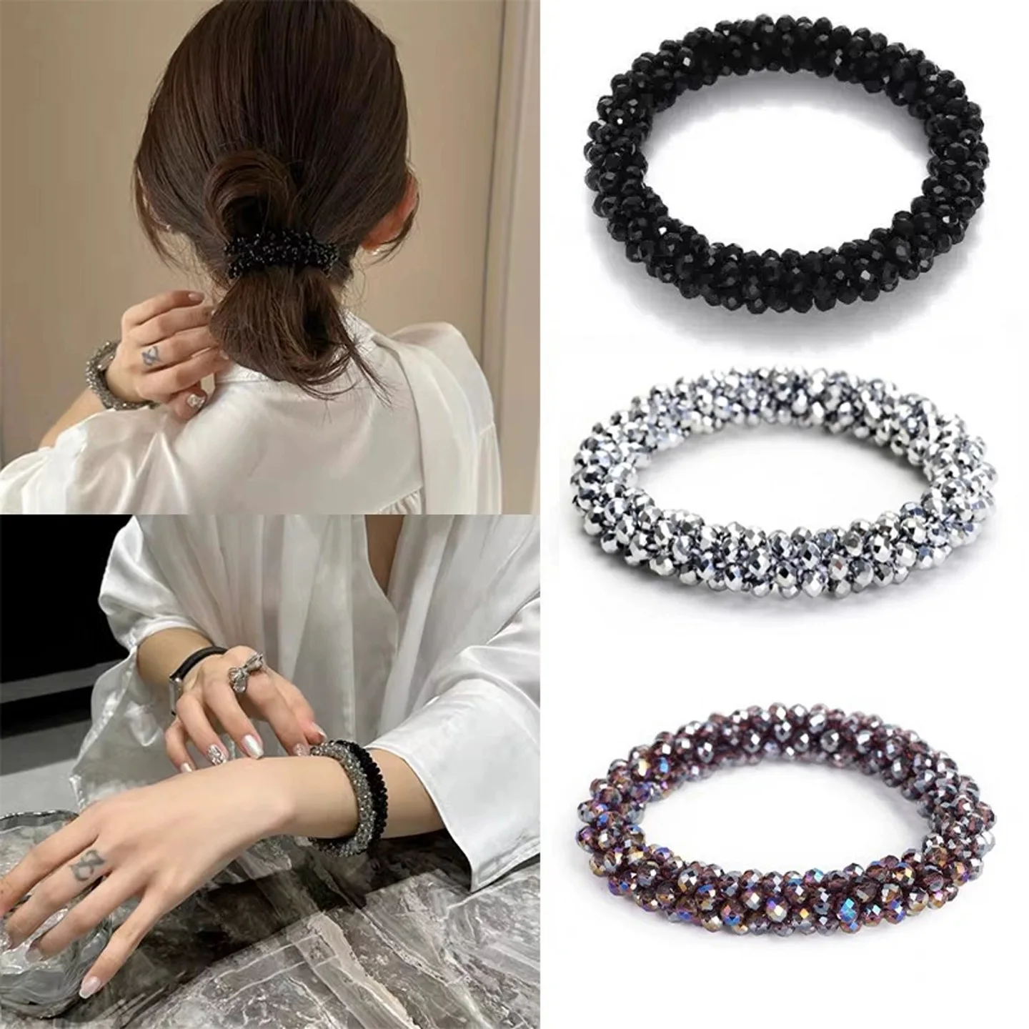 Crystal Beads Hair Ropes For Women Colorful Elastic Rubber Bands Hair Ties Ponytail Holder Scrunchies Hair Accessories Headwear