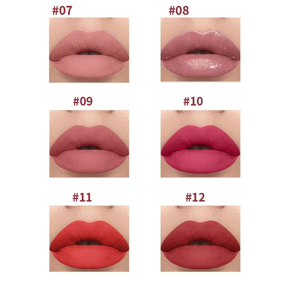 Juego de lápiz labial líquido mate de 12 colores, juego de brillo de labios líquido suave y brillante, maquillaje de manchas de labios de larga duración resistente al agua desnudo de terciopelo
