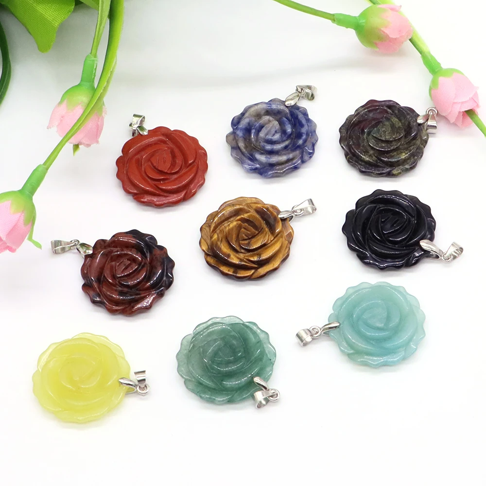 

Natural Crystals Stones Rose Flower Pendant Healing Gemstone Carving Charms For Jewelry Making DIY Necklace Accessorie Wholesale