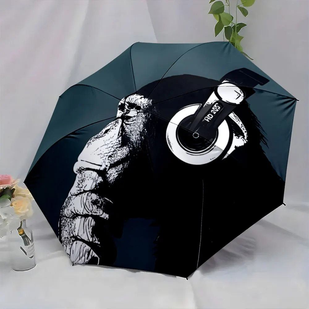 1PC Monkey Design Umbrella with Headphones Graphic Print 8 Iron Ribs Folding Umbrella Auto-Open Fashion Sunshade