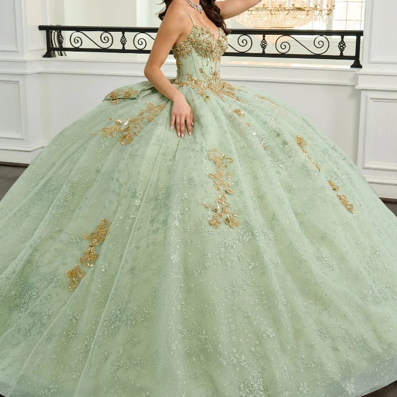 

Mint Green Shiny Quinceanera Dresses Spaghetti Strap Gold Applique Beads Bow Tull Party Birthday Ball Gown Sweet 16 Vestido De15