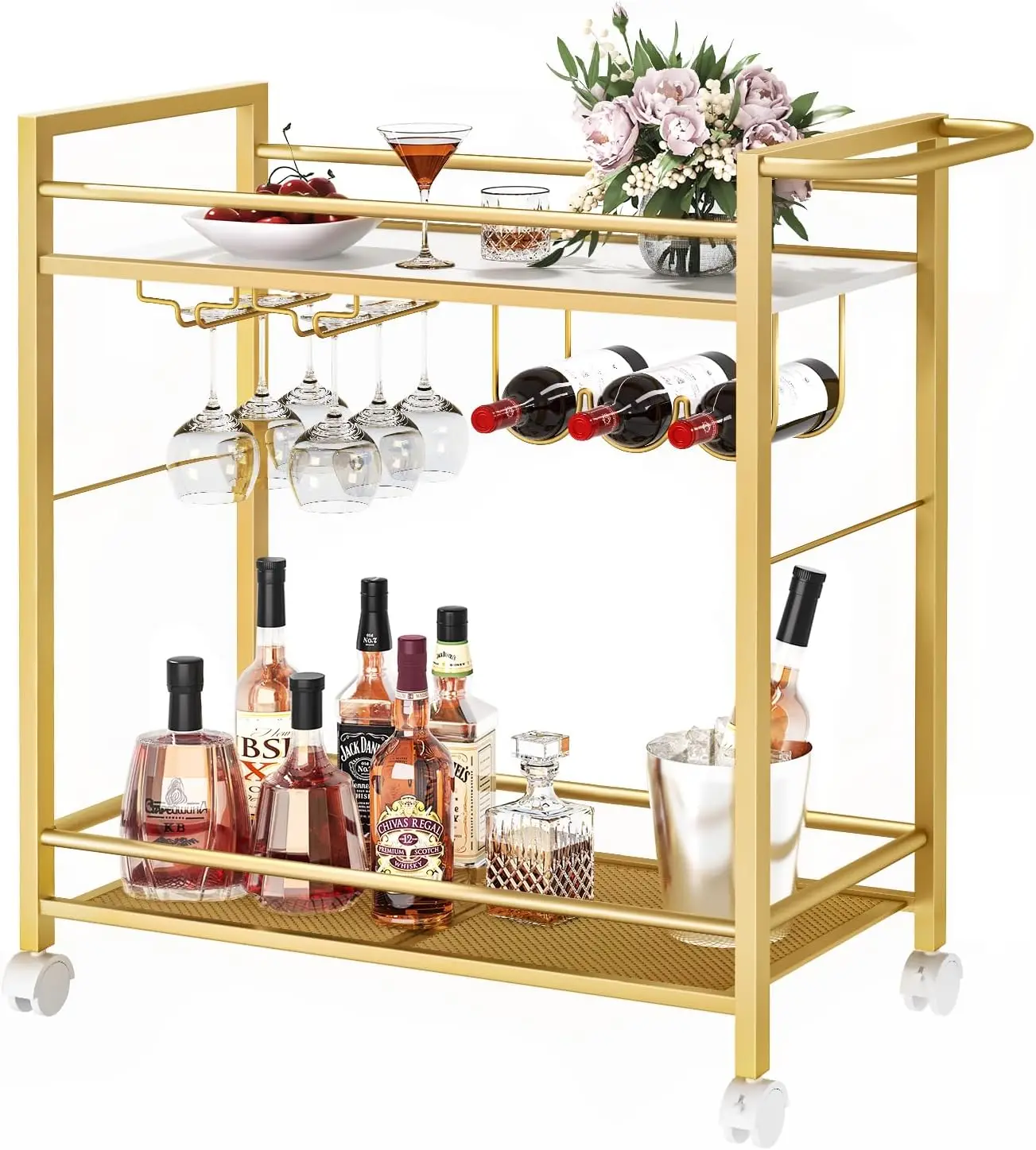 

Modern 2-Tier Rolling Bar Cart with Wine Rack, Glass Holder, and Wheels for Kitchen, Living Room, Dining Room in Gold