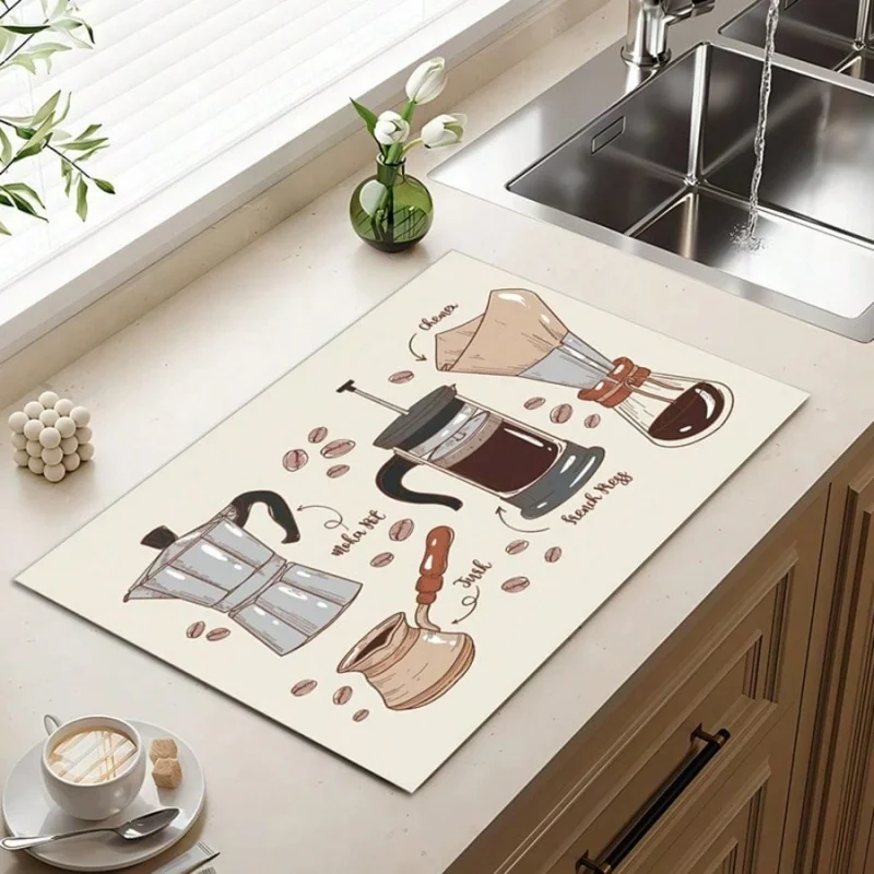 Hand Drawn Coffee Maker Tools Drying Mat Water Absorbent Non Slip Kitchen Counter Coffee Mat
