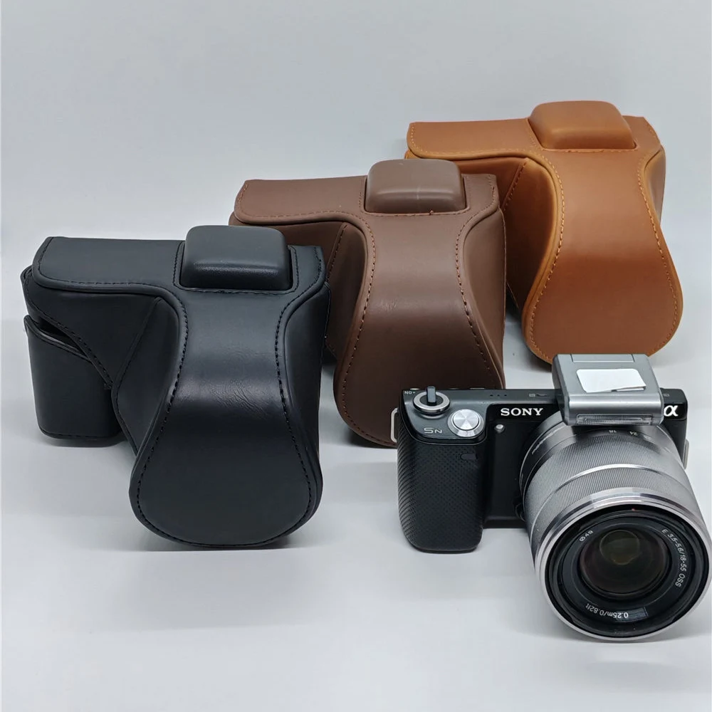 Camera Case Bag for Sony NEX5N NEX-5N NEX5C NEX-5C NEX5R NEX-5R NEX5T NEX-5T 18-55mm Lens PU Leather Full Body Cover With Strap