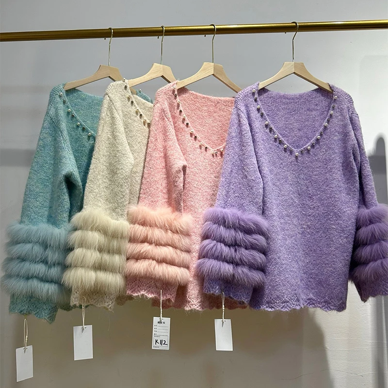 2025 가을 여성 비즈 장식 리얼 폭스 퍼 스웨터 리얼 퍼 봄 신상 니트 자켓