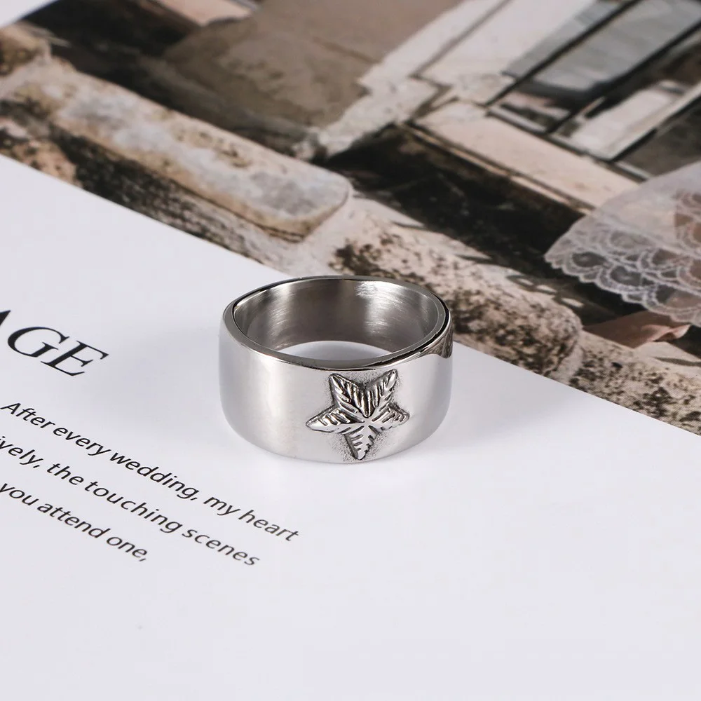 1Pcs Cross-Border European and American Style Stainless Steel Non-Fading Glossy Wide Band Five-Pointed Star Ring European and American Fashion Trendy Men's Ring