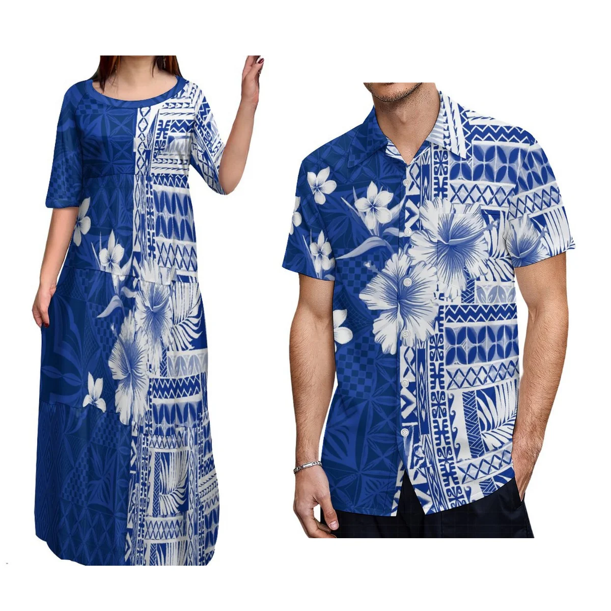 

Wholesale Custom Printed Hawaiian Dresses Half-Sleeve Long Ruffled Tiered Polynesian Dresses And Men'S Shirts For Couples Sets