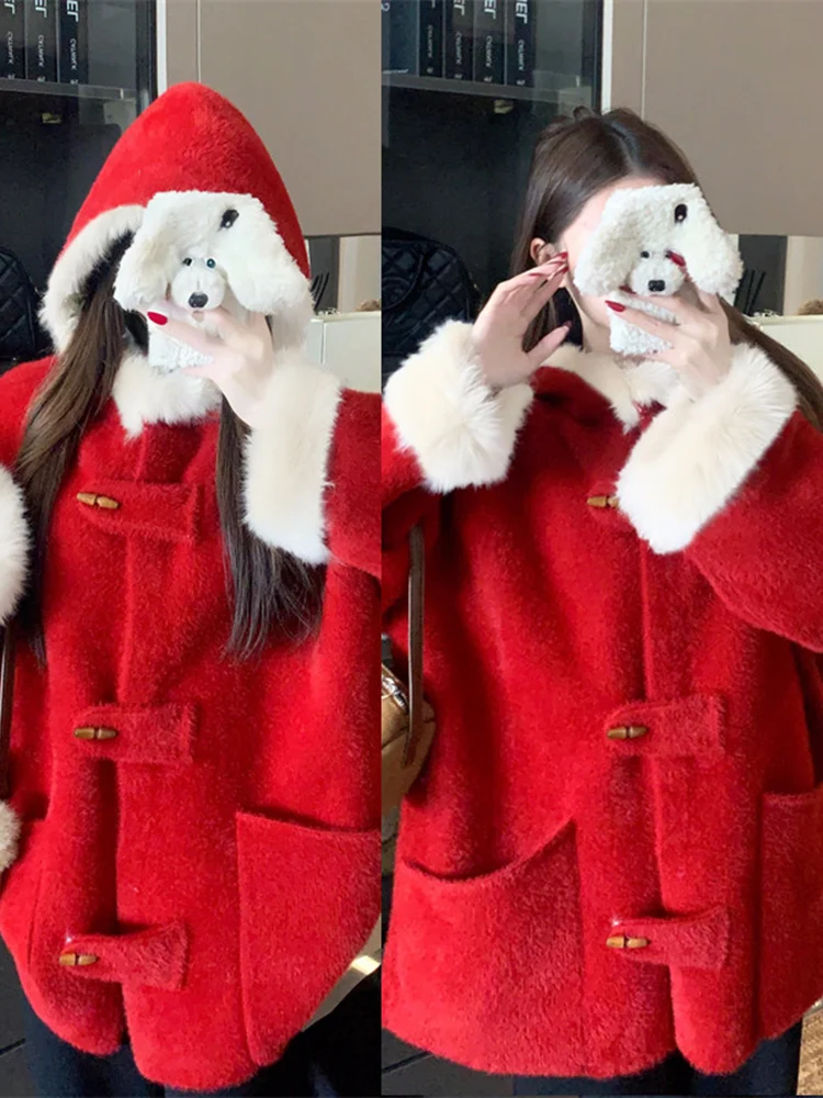 

Red Hooded Woolen Coat Women's Winter New Style plus Size Button up Mid-Length Top for New Year Korean Style Loose Fit