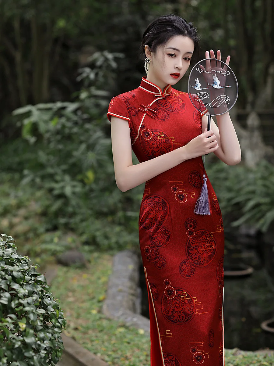 High Quality Real Silk Qipao Cheongsam Top Skirt Printed Sexy Temperament Wear Old Shanghai Banquet Dress Women