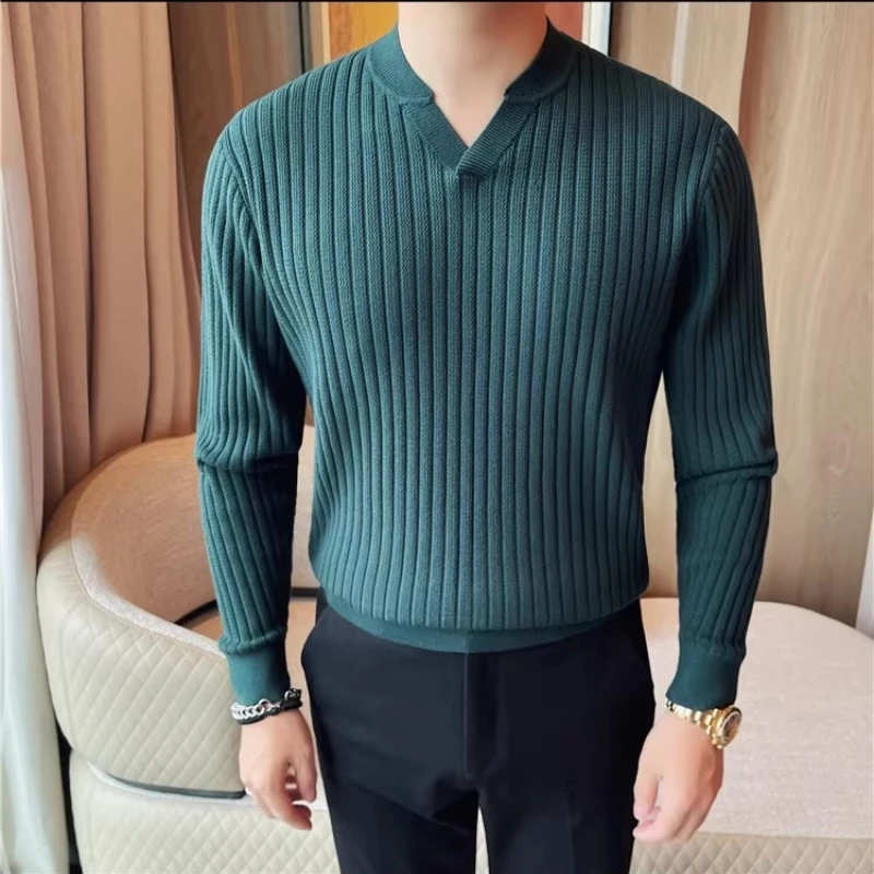 

Autumn Winter Men's Thick Sweater V-neck Slim Fit Elastic Knitted Sweaters High-quality Casual Business Base Shirt Men Clothing
