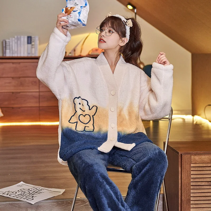 Woman Autumn Winter Warm Pajamas Set Fashion Casual Korean Minimalist Style Cartoon Girl Thick Trendy Sleepwear