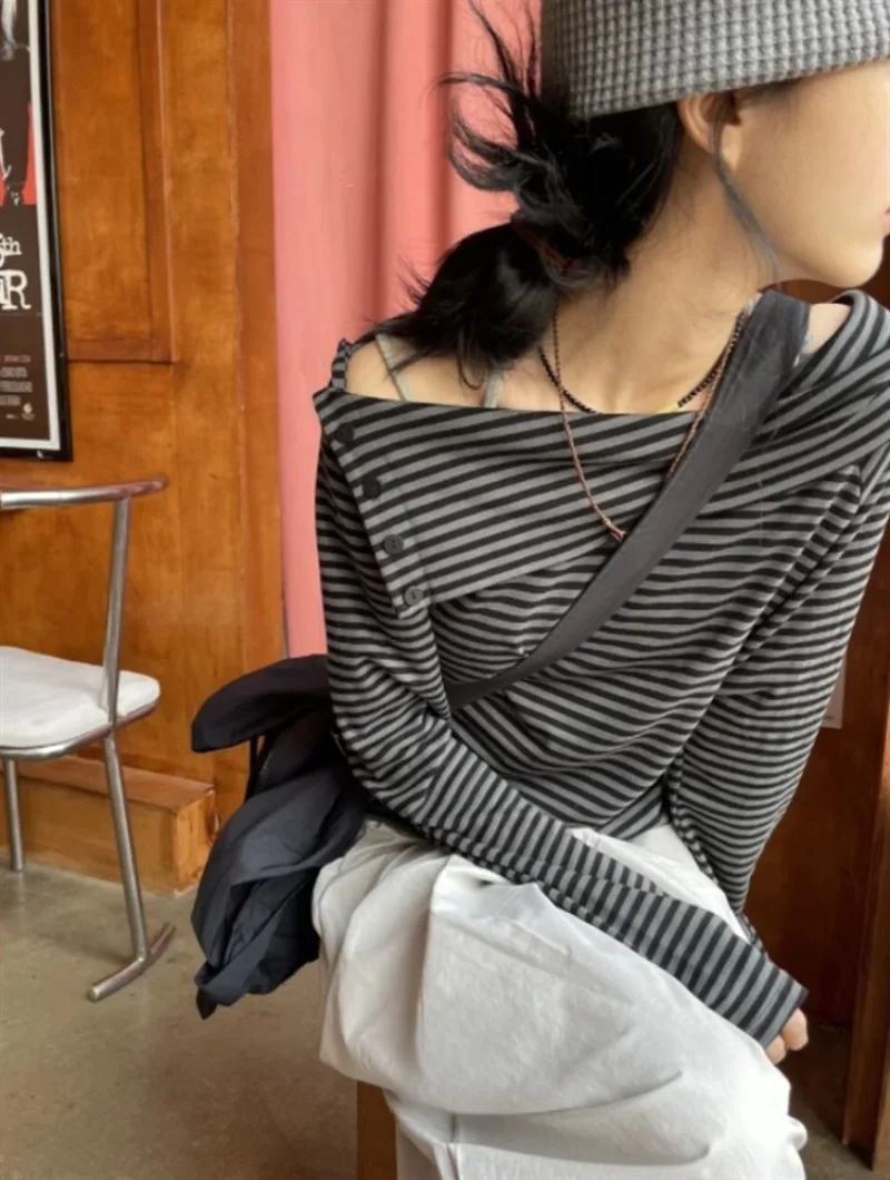 Spring Autumn New Black Gray Striped T-shirts Sexy Off Shoulder Knitted Tops Women Y2k E-Girl Long Sleeve Blusas Mujer