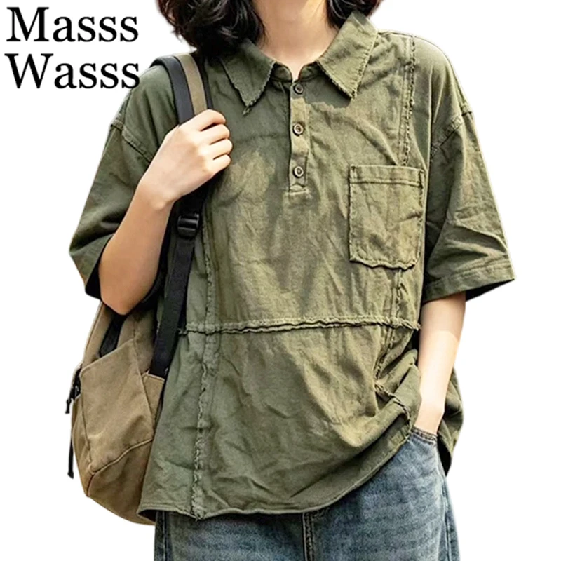 Masss Wasss Summer Vintage Classic Tee Shirts Females Fashion Leisure Soild Tops Womens 2026 Korean Design Loose Elegant Clothes