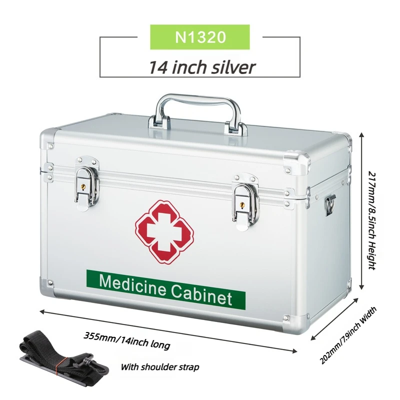 Made of all aluminum alloy, portable and sturdy with handle, household enterprise first aid kit, layered and large capacity