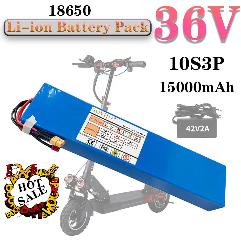 

Rechargeable Lithium Battery with BMS for Bikes and Scooters, 36V, High Capacity 15Ah, 18650, 10S3P, 1000W,