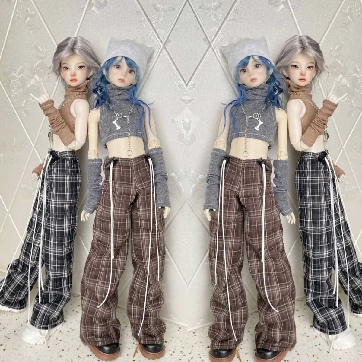 1/4 Doll's Clothes Suit for 45cm Bjd Doll Grid Wide Leg Pants+high Neck Vest+sleeve Covers Dress Up Doll Accessories, No Doll