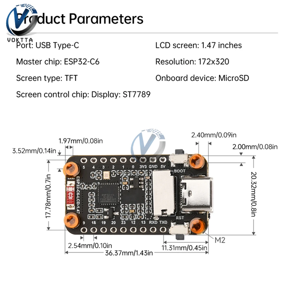 Макетная плата ESP32-C6, 1,47-дюймовый ЖК-дисплей, 172×320, 262K, 160 МГц, одноядерный процессор, USB Type-C, беспроводной модуль Wi-Fi + BLE
