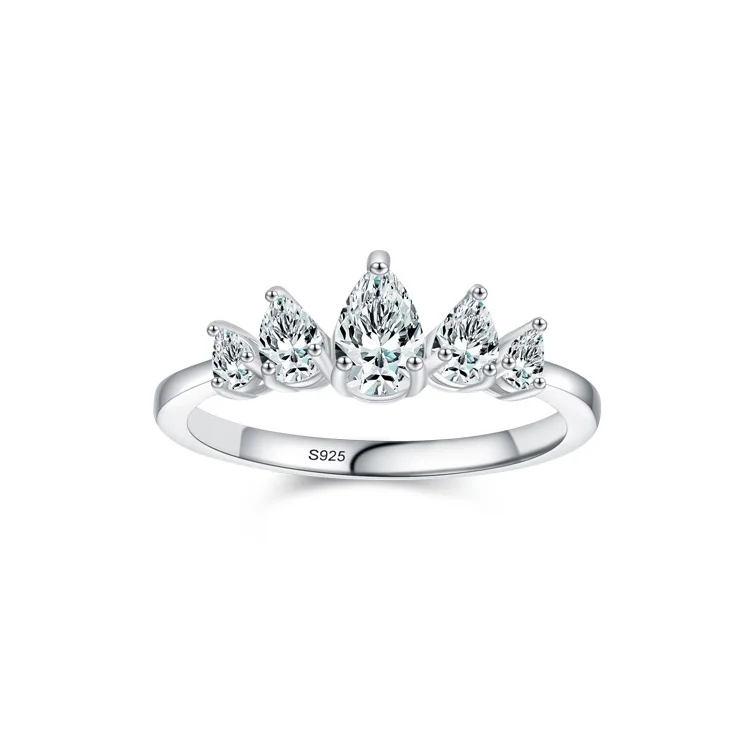 

S925 Sterling Silver Female European American Drop-Shaped Diamond Crown Ring
