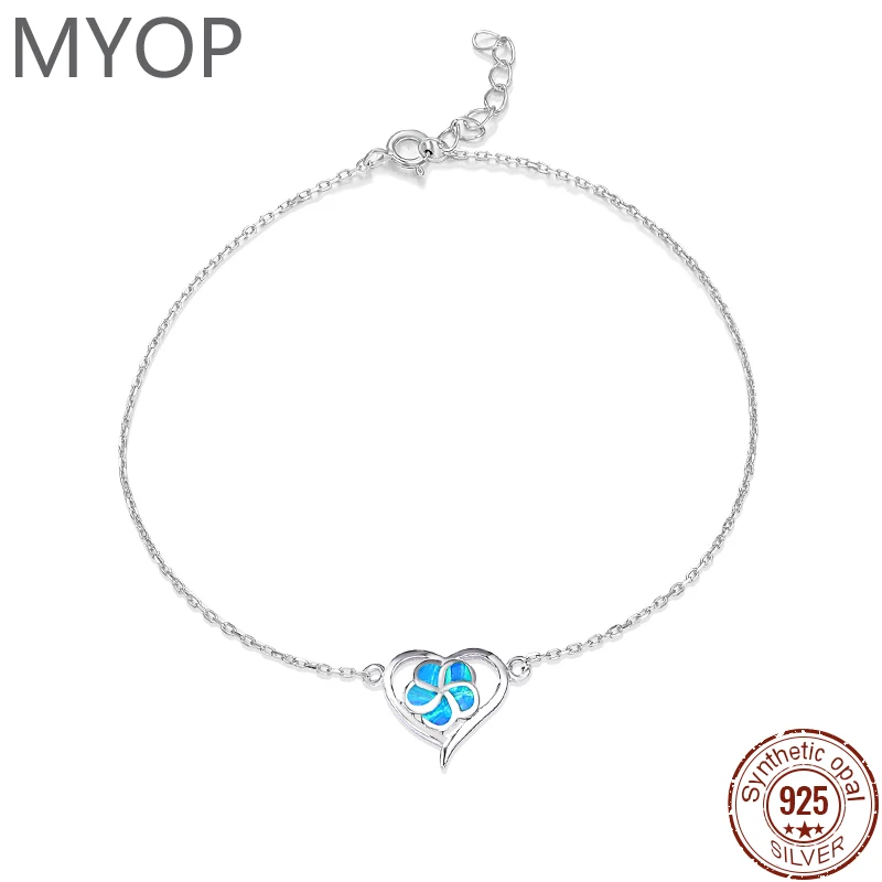 MYOP-925 Sterling Silver Heart-Shaped Flower Opal Pulseira, estilo simples, moda personalizada, festa de verão