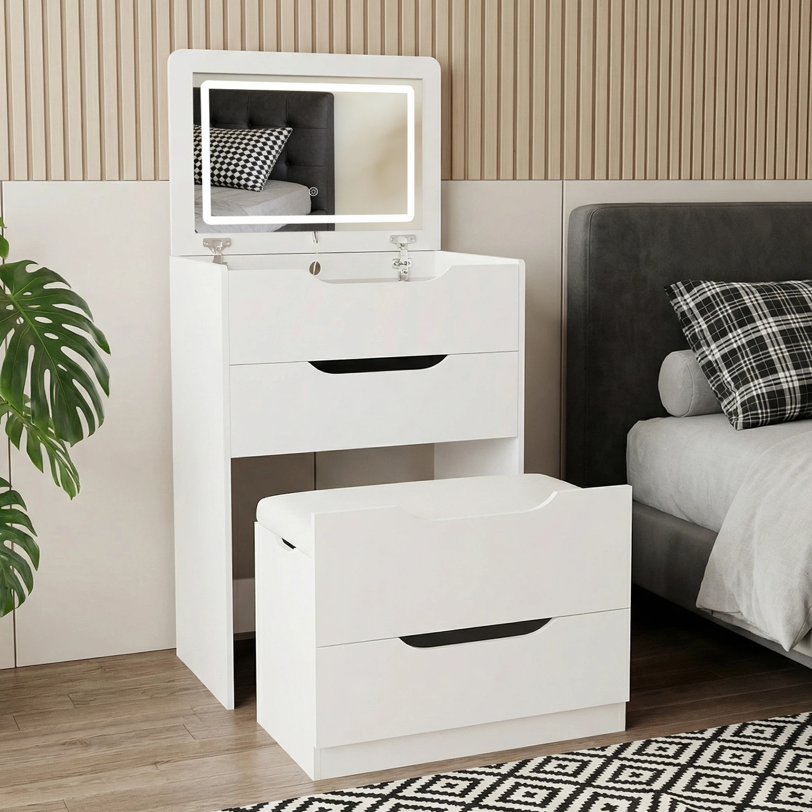 Aliexpress 3 in 1 Hidden Vanity Desk with Flip Top LED Mirror, 3 Color Lighting, Compact Vanity with 3 Drawers, Glass Top & Hidden Storage Chair, Modern Small Dressing Table Nightstand for Bedroom, White - Aliexpress Deal