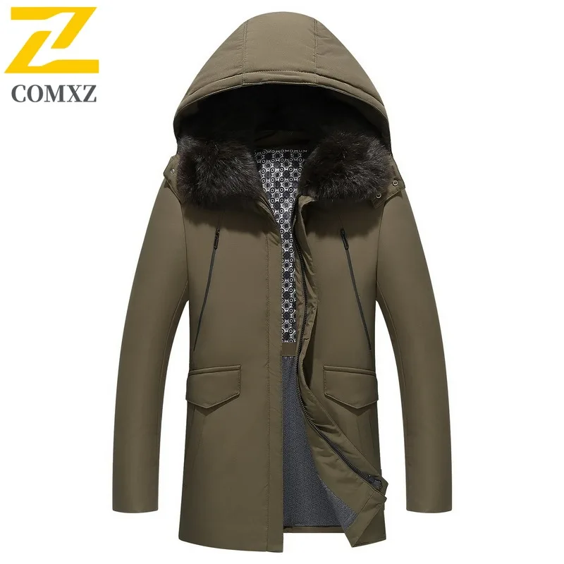 COMXZ 2025 Mens Winter stand Collar Hooded Thick Puffer Jacket American Style Waterproof and Windproof Long Outdoor Sports Coat