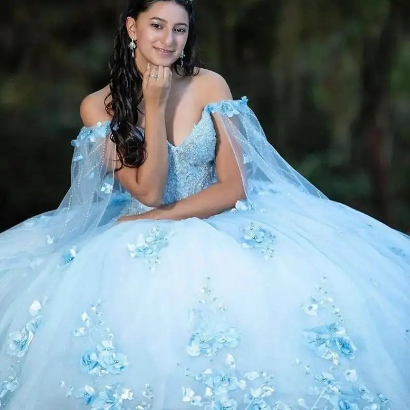 

Sky Blue Off The Shoulder Lace Appliques Ball Gown Quinceanera Dresses With Cape Handmade Flowers Vestido De 15 16 Anos