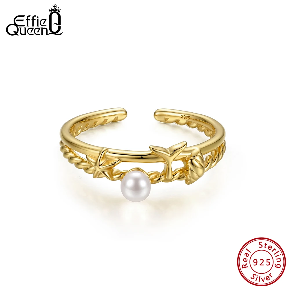 Effie Queen 925 Sterling Silver Freshwater Pearl Ring Party Open Adjustable Ring Fishtail Luxury Retro Jewelry Party Gift APR46