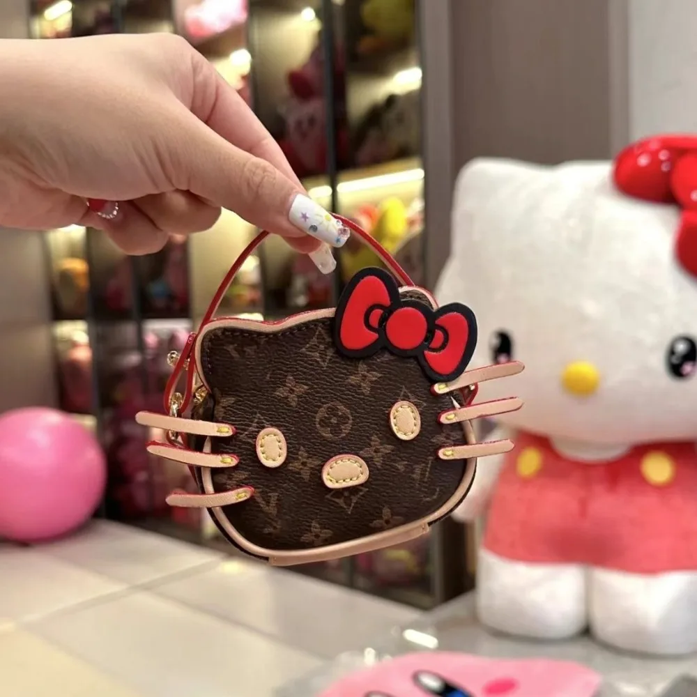 New  Hello Kitty Handbag with Cute Bow Embroidery PU Crossbody Bag Cartoon Travel Portable Chain Mini Crossbody Wallet