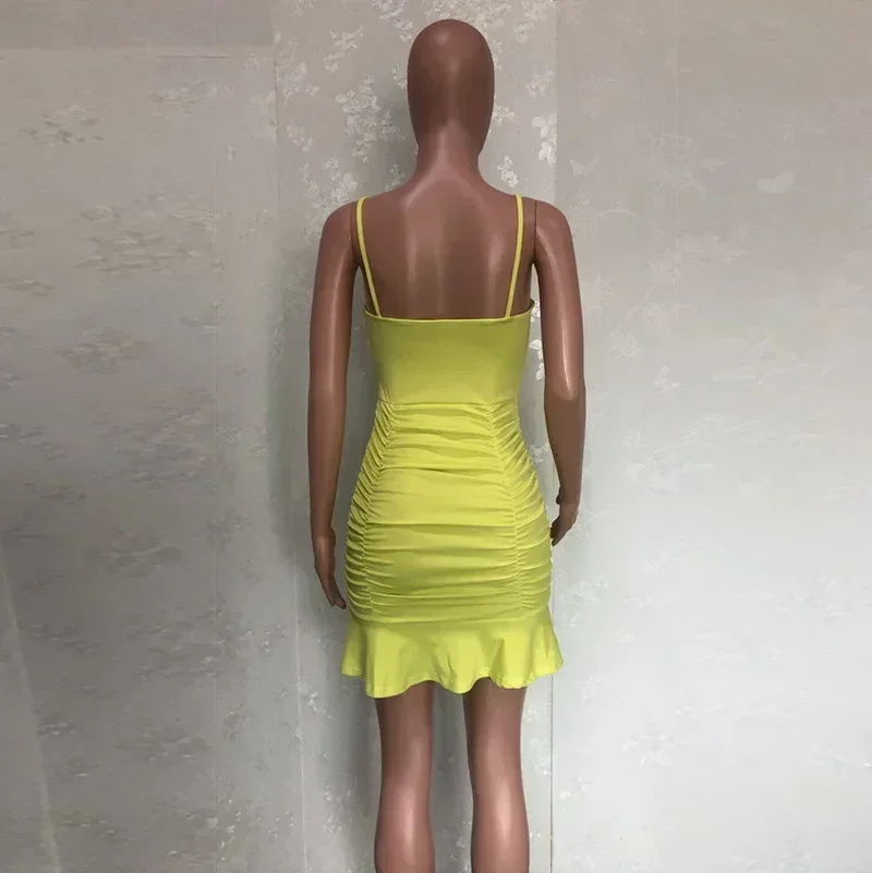 Guwu cinta de espaguete ruched babados hem sereia bandagem mini bodycon vestido feminino verão sexy vestidos de festa