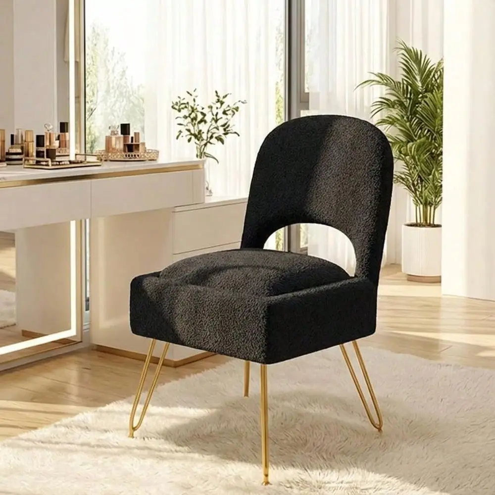 

Stool With Storage Folding Backrest, Cute Black Faux Fur Makeup Stool Ottoman, Comfy Padded Chair For Bedroom, Adjustable Back