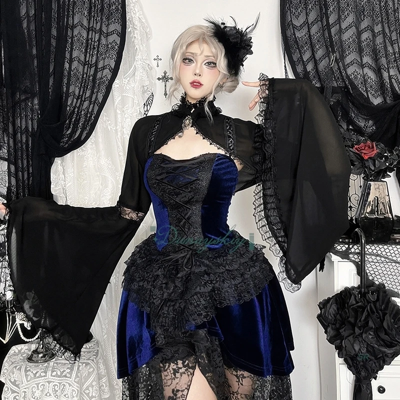 

Сексуальное стильное черное марлевое платье, готическое кружевное платье, комплект, платье для косплея disfraz для девочек, наряд, французское платье с высокой талией, вечерние на Хэллоуин