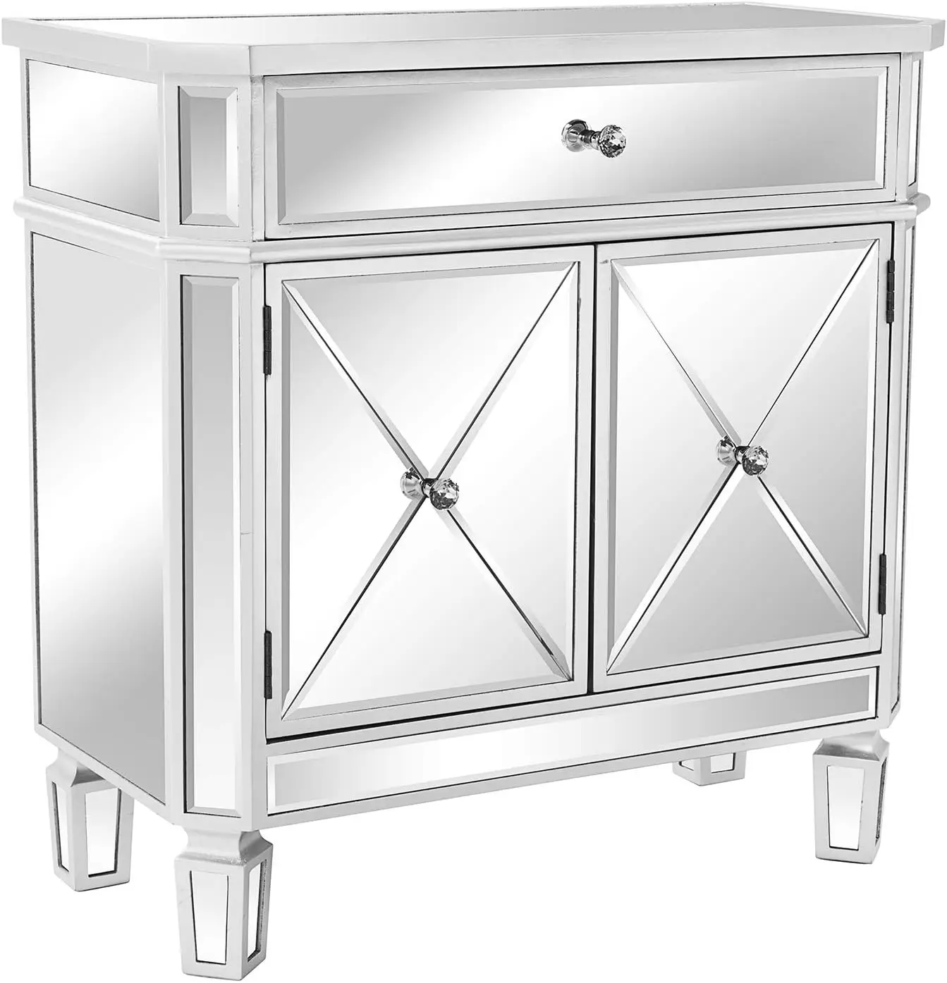 Mirrored Cabinet, Mirrored Nightstand, Mirrored Dresser Accent Chest, Large Mirror Nightstand with 1 Drawer and Two Doors