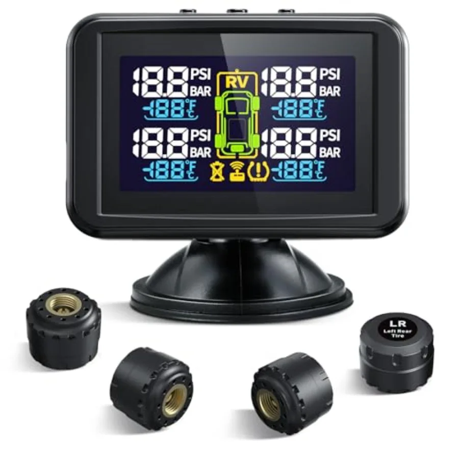 

TM5 Tire Pressure Monitoring System - Large Colorful Screen TPMS 5 Alert Modes with 4 External Sensors Real-time Monitoring Tir