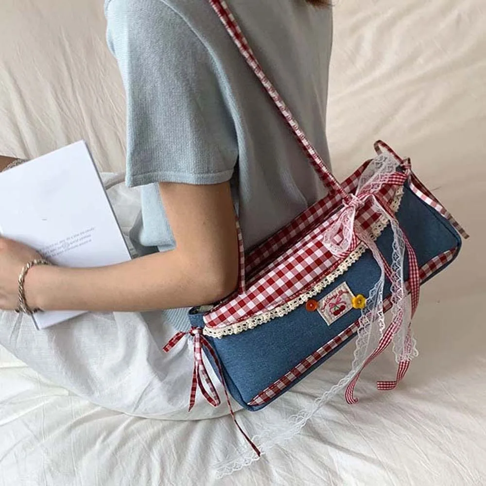 

All-match Sweet French Stick Handbag Bow Contrast Color Plaid Shoulder Bag Lace Ribbon Large Capacity Cloth Underarm Bags Women