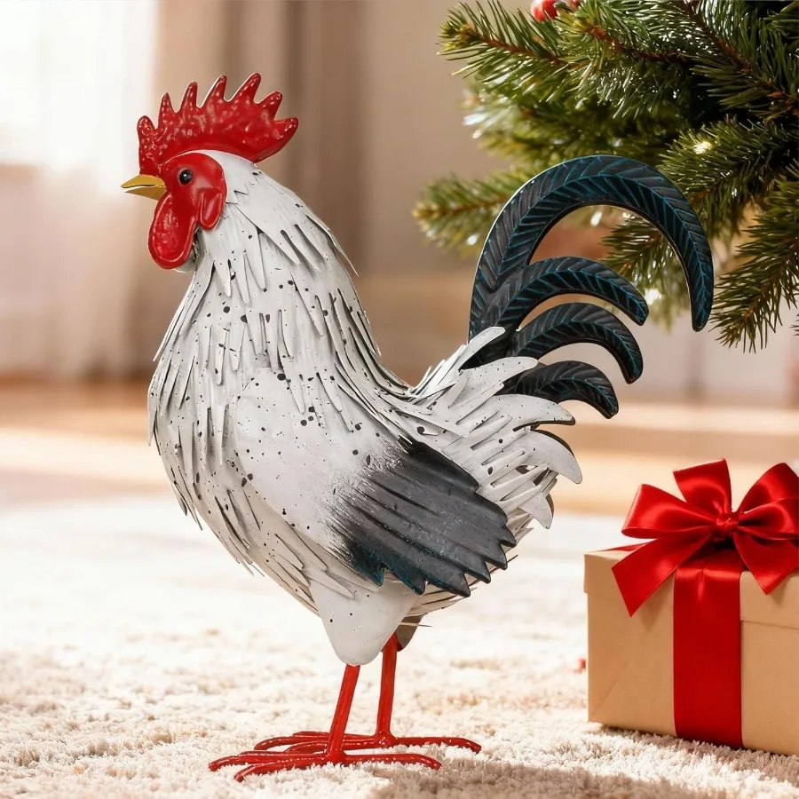 

Rooster Garden Statue Sculpture Metal Chicken Yard Decor Outdoor Figurines Patio Backyard Decoration White