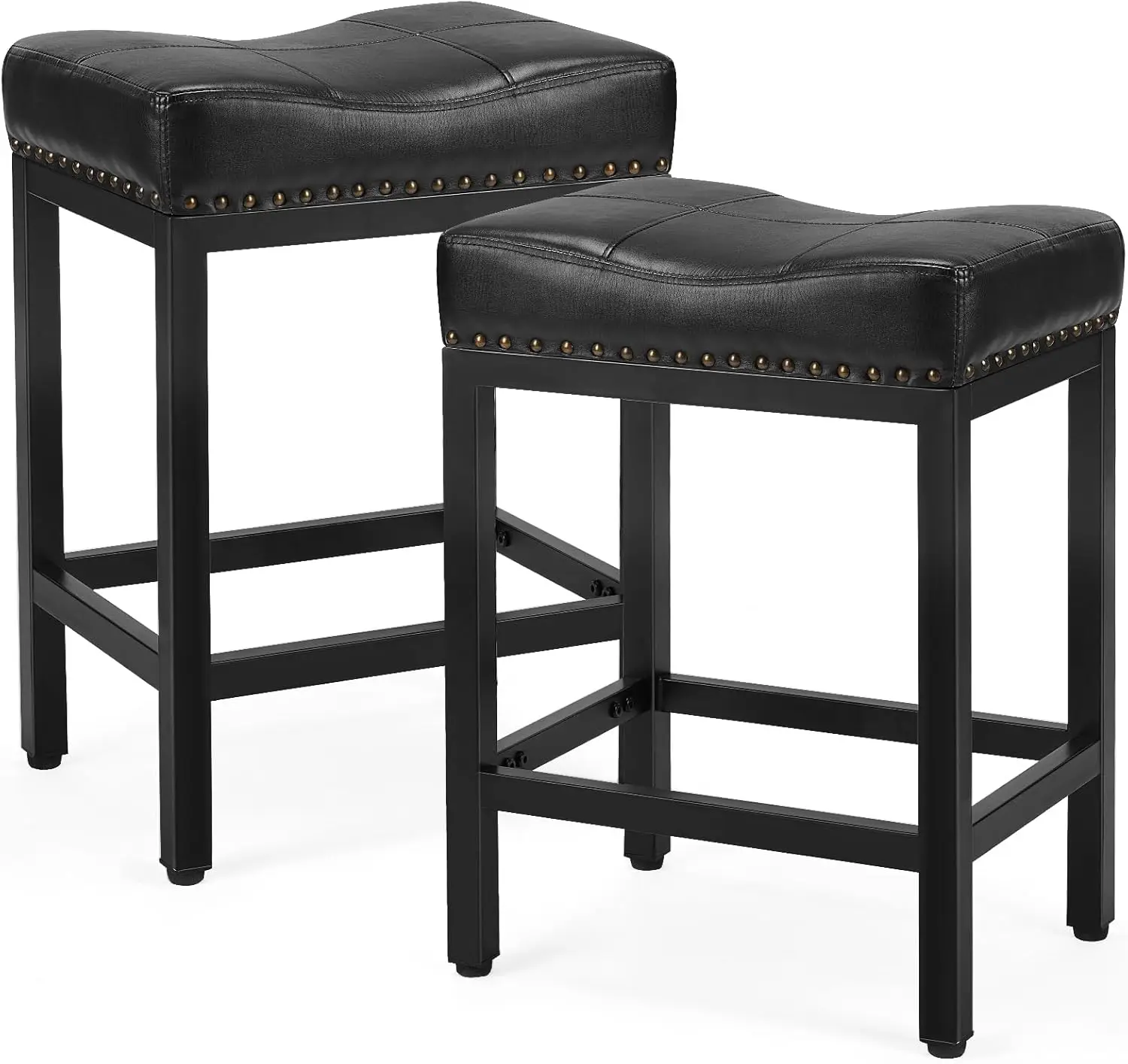 

Bar Stools Set Of 2, 24 H Counter Height Stools, Pu Leather Upholstered Backl Barstool Chairs With Nailhead Trim And Metal