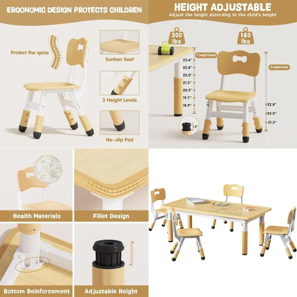 

Adjustable Height Toddler Table and 4 Chairs Set, Graiti Desktop, Non-Slip, Supports Up to 300lbs, Ideal for Kids Ages 2-8